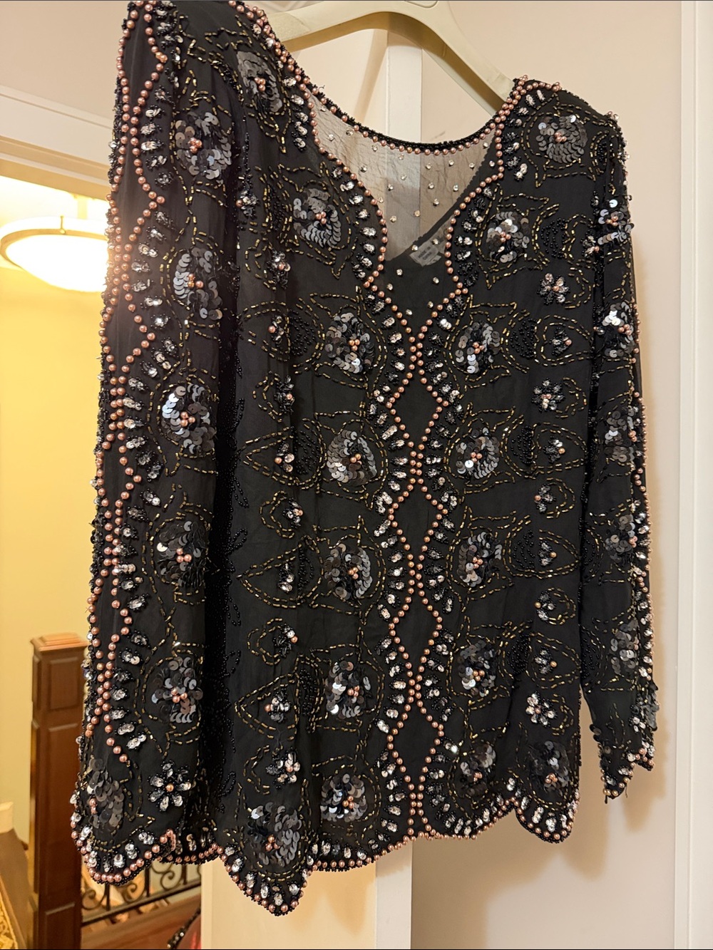 Oleg Cassini Black Long-Sleeve Beaded Evening top long sleeve Rose beads size S